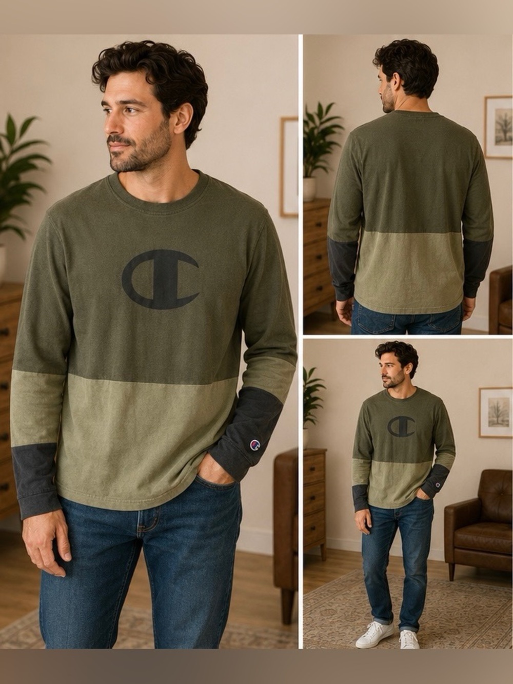 Champion Olive & Dark Olive Colorblock Logo Longsleeve